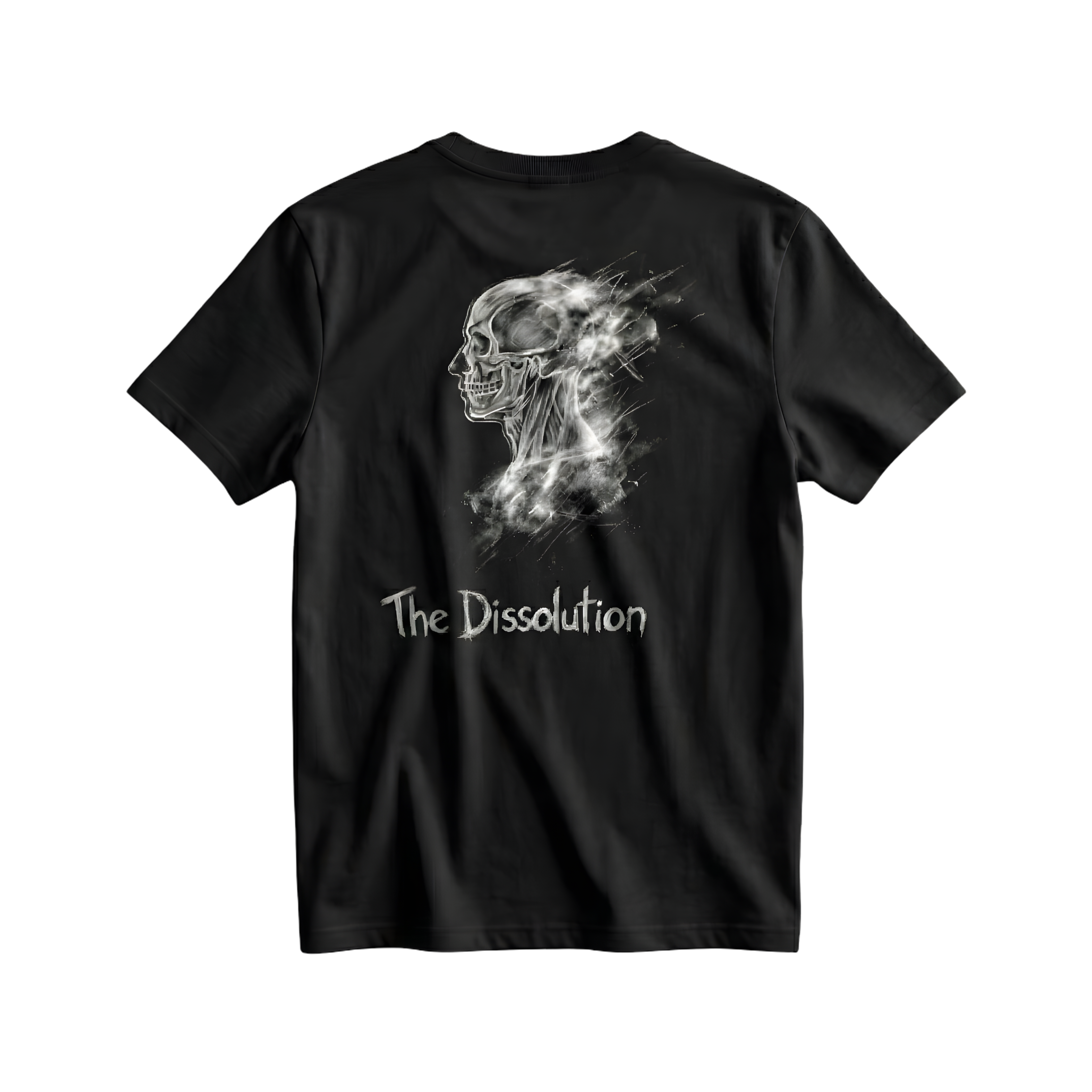 Black t-shirt with a white skull design and 'The Dissolution' text