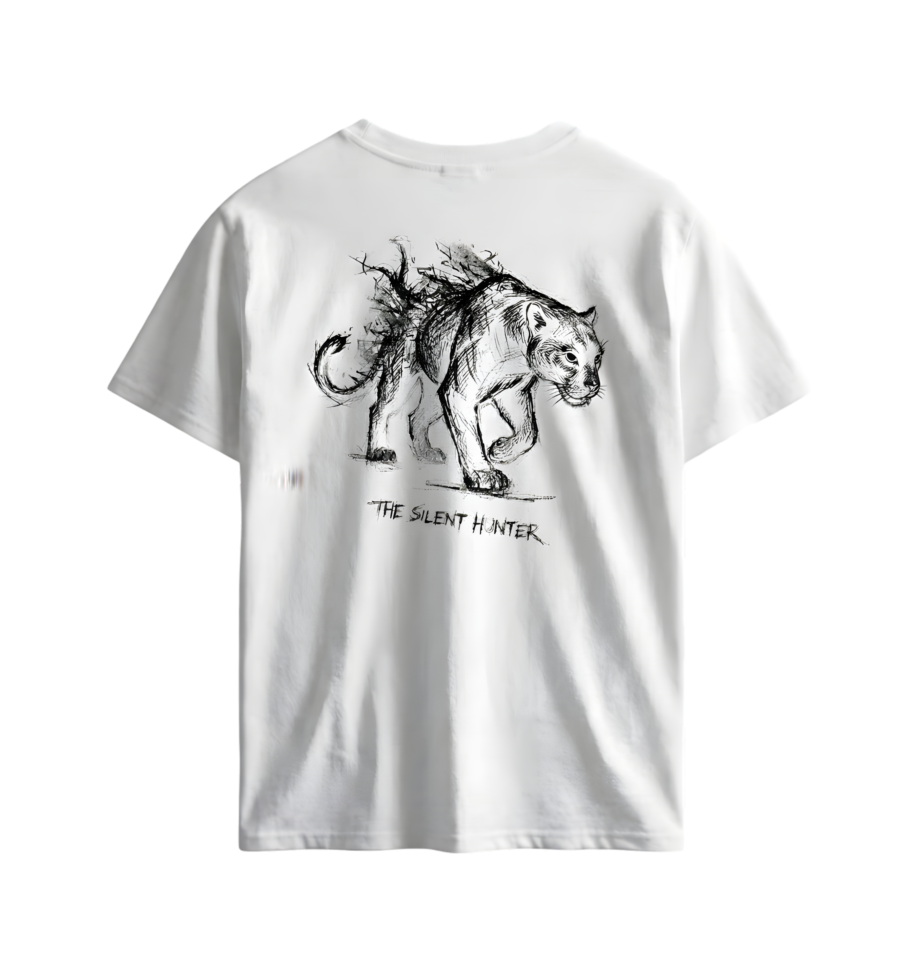 White t-shirt with black panther graphic and text on a white background