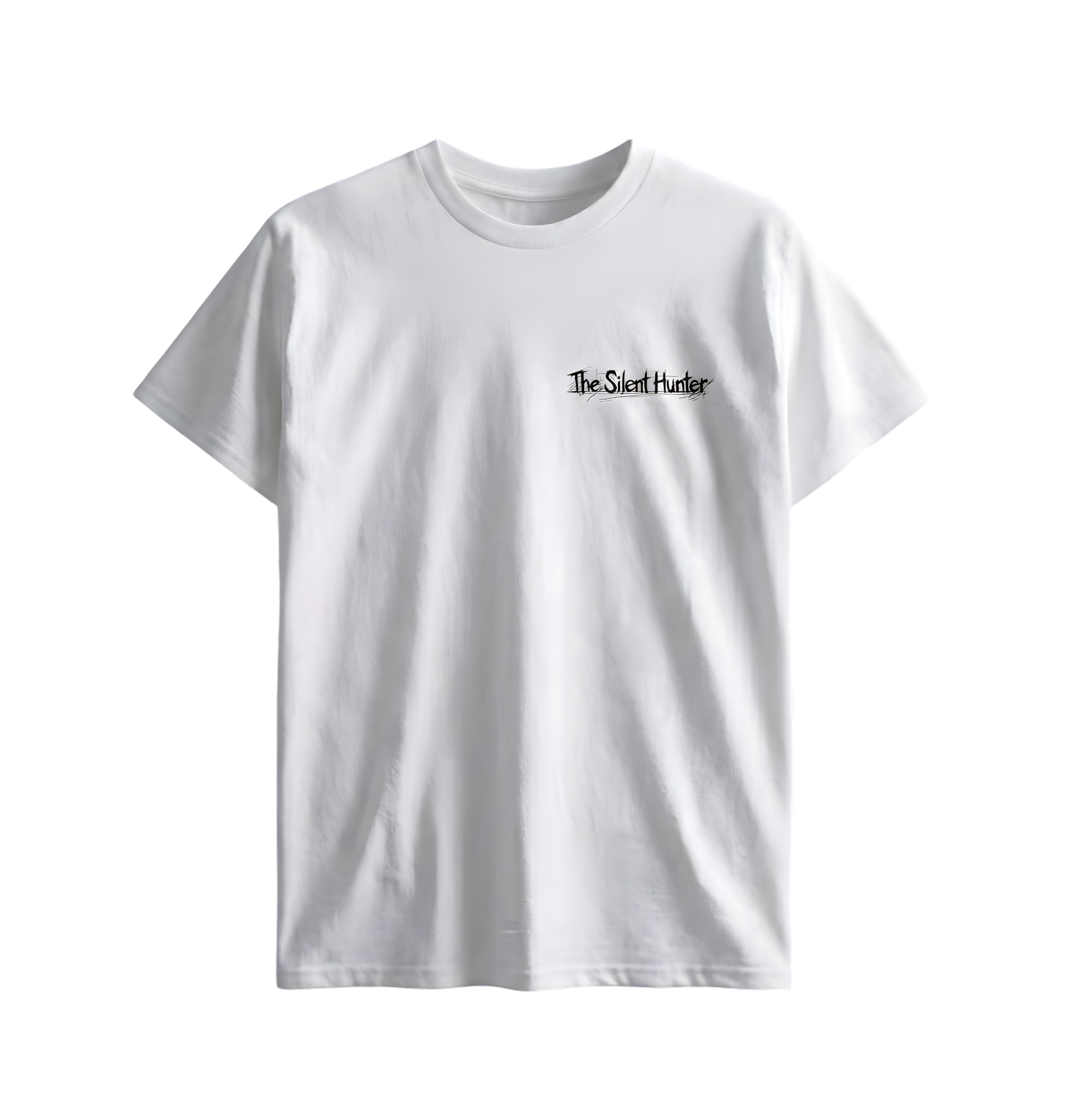 White t-shirt with 'The Silent Hunter' text on a white background