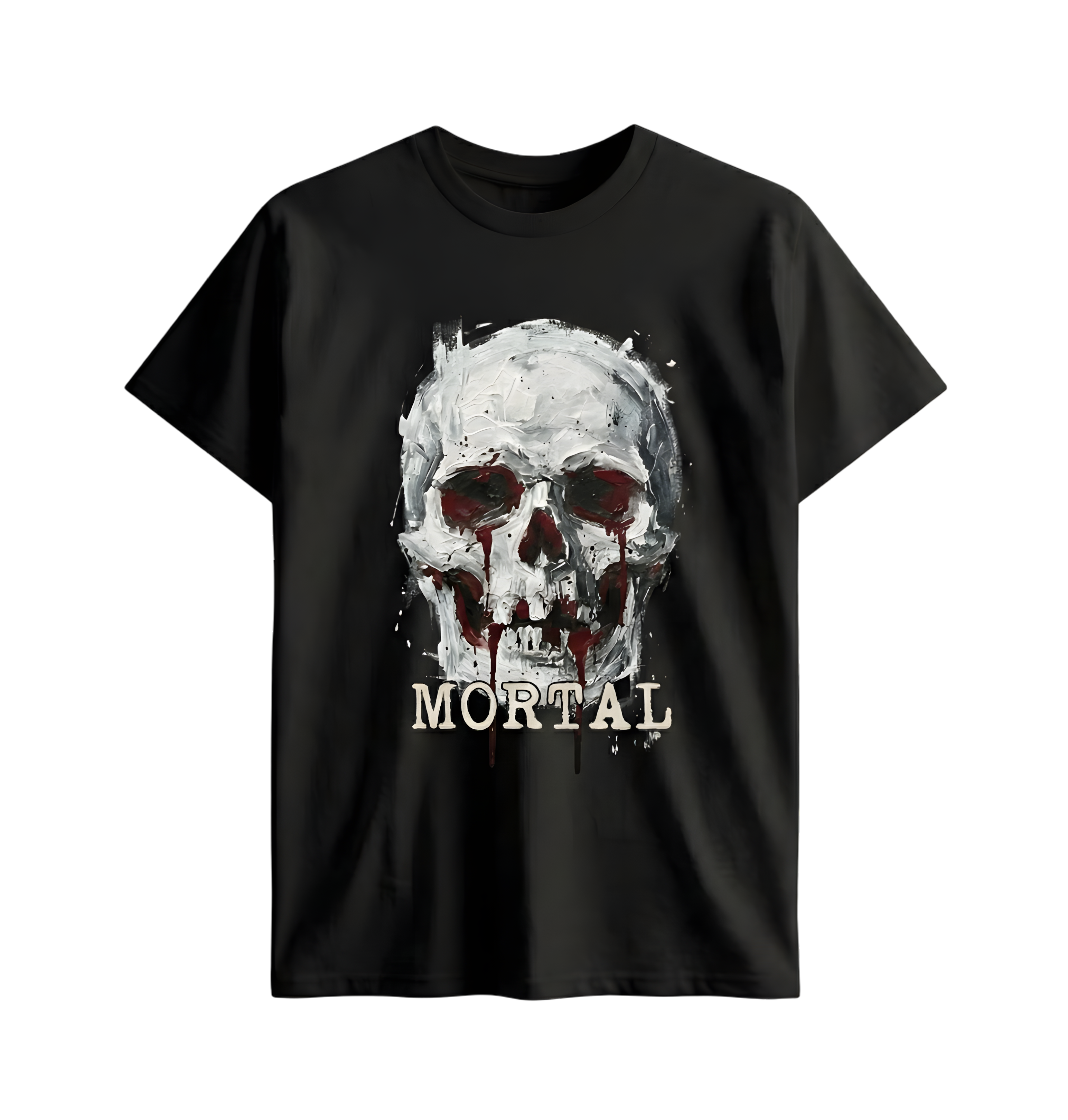Black t-shirt with a skull graphic and 'Mortal' text