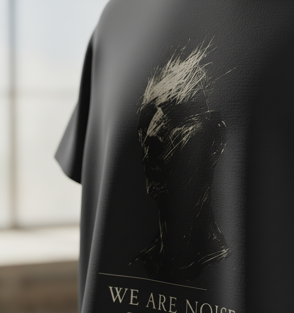 Black t-shirt with a graphic design and text 'WE ARE NOISE' draped over a surface.