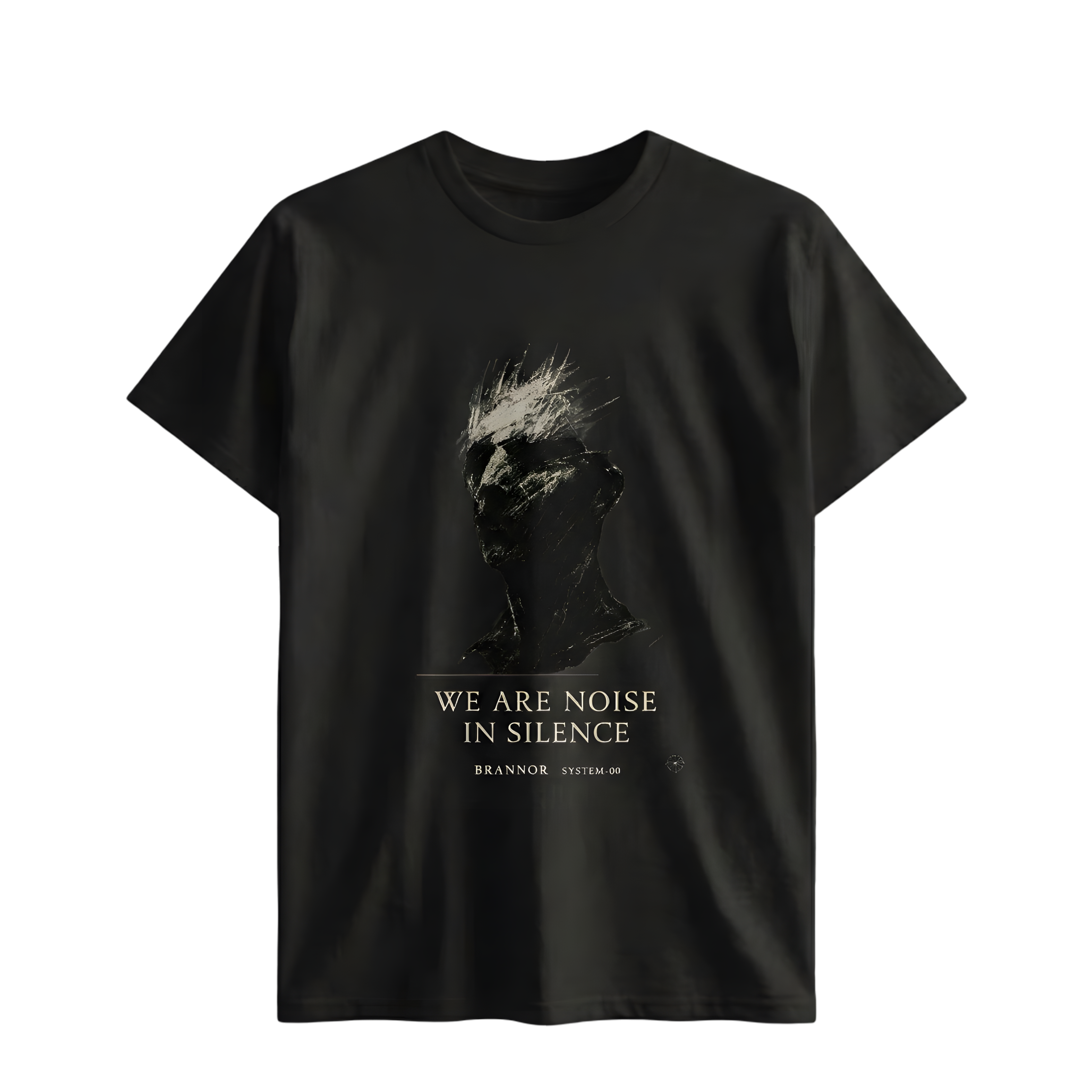 Black t-shirt with graphic design and text