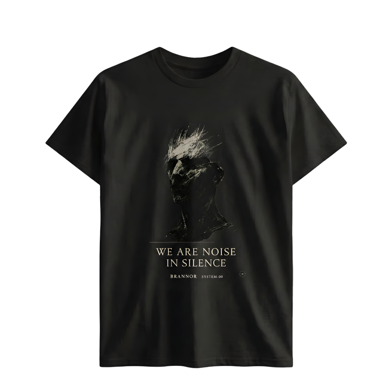 Black t-shirt with graphic design and text