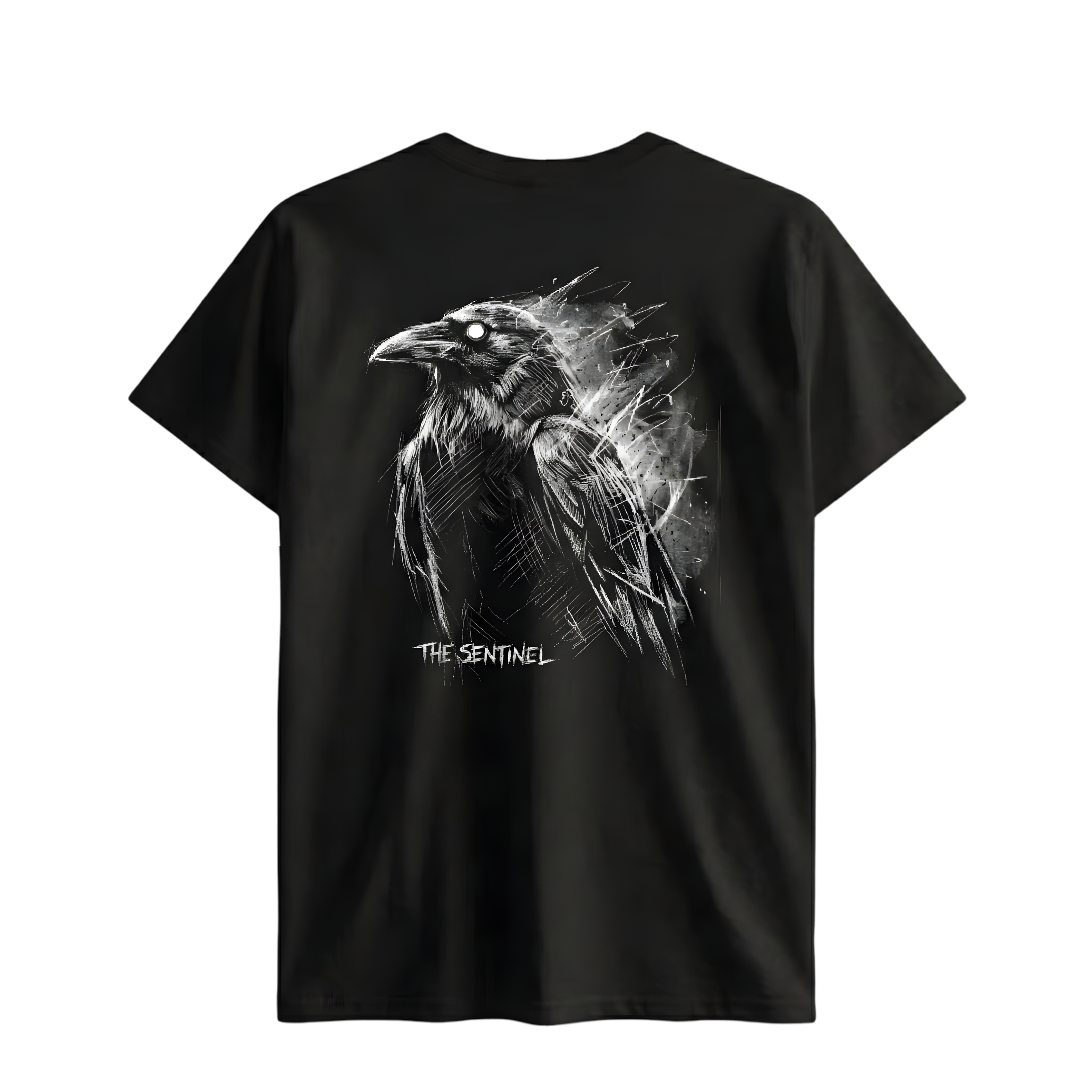 Black t-shirt with a crow design and 'The Sentinel' text