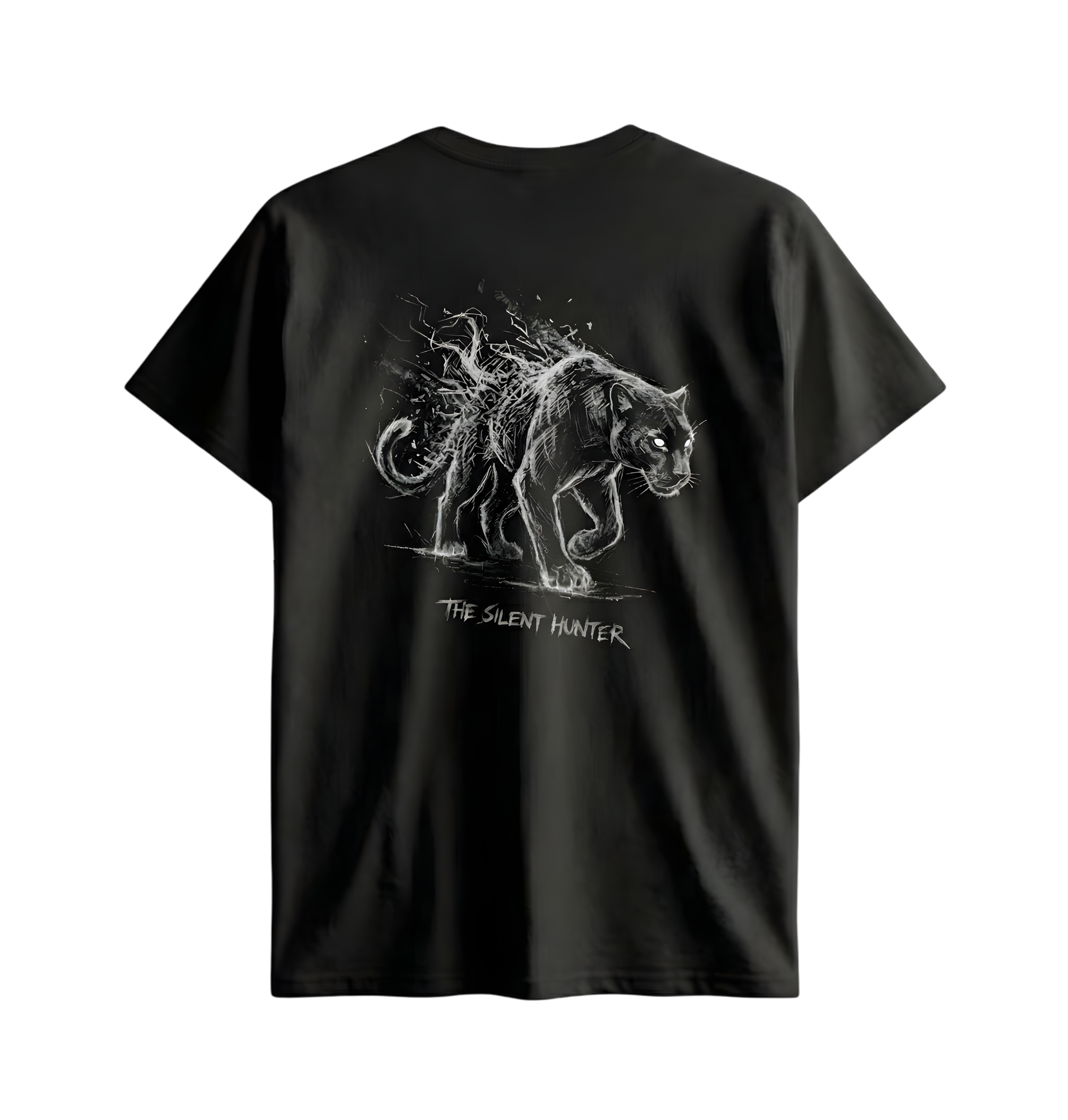 Black t-shirt with a white panther design and text on the back