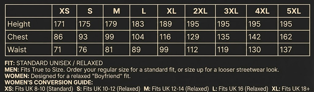 Size chart Black Navy Slate Grey