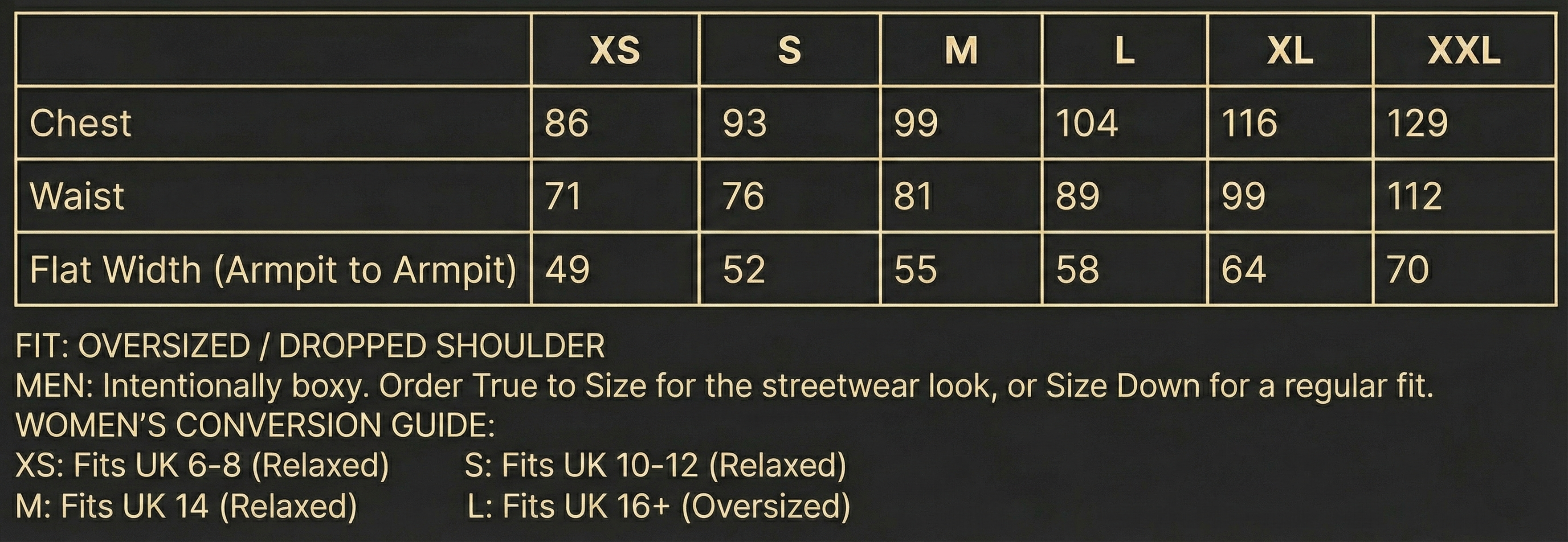 Size chart Oat White Dark Grey Black Slate Grey