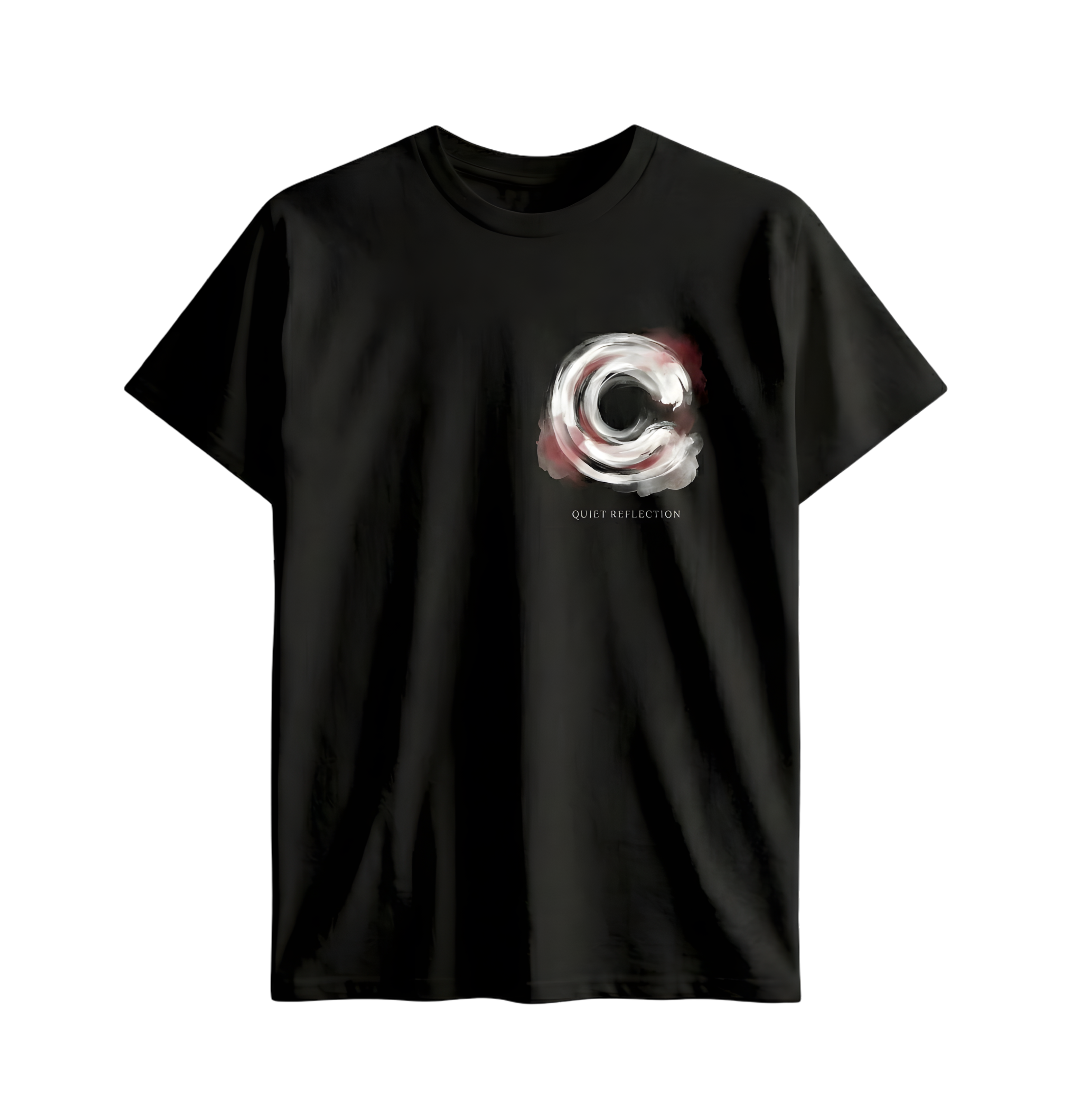 Black t-shirt with a white and red logo